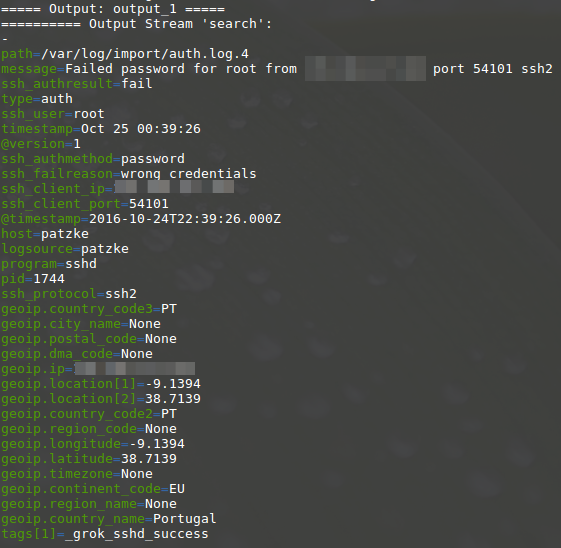 EQUEL Result of query for failed SSH logins with text output
